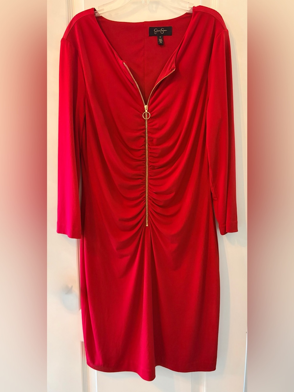 Jessica Simpson Brick Red Ruched Zip-Front Long Sleeve Dress with Gold Zip